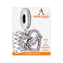 Pembe Taşlı Yazılı Mom Charm Gümüş Kaplama