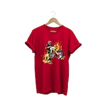 Motorcu Cross Motosiklet Baskılı Ön Kaldıran Motorcu %100 Pamuk Regular Fit Bisiklet Yaka T-shirt Kırmızı