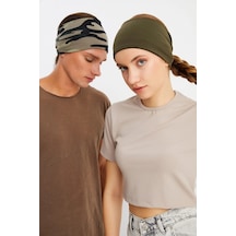 2'li Çift Taraflı Kullanım Alternatifli Pamuklu Penye, Kaymaz, Hafif, Spor Saç Bandı Bandana - Tek Ebat / Haki -kamuflaj Haki -kamuflaj