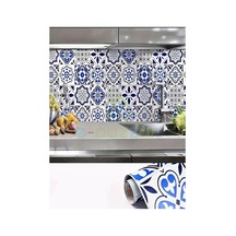 5 Metre X 60 Cm Retro Mavi Çini Desenli Mutfak Banyo Fayans Tezgah Masa Dekorasyon Yapışkanlı Folyo