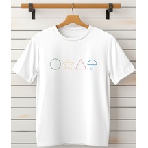 Squid Game Şemsiye Yıldız Daire Baskılı Bisiklet Yaka Beyaz Tişört/t-shirt- Tek Adet Fiyatıdır Beyaz