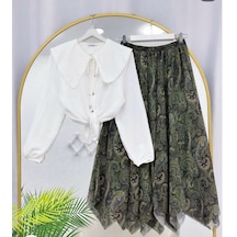 Lovie Moda Kadın Beyaz Gömlekli Tül Etek Takım - Haki Bordo