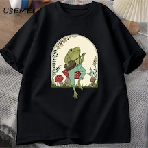 Startmore Sevimli Cottagecore T-shirt Estetik Kurbağa Oynarken Banjo Mantar T Shirt Erkekler Yaz Pamuk Siyah