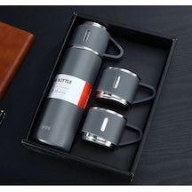 Paslanmaz Çelik 3 Bardaklı Vakumlu Vacuum Termos Set 500 Ml, 12 Saate Kadar Isı Koruma Termos Gri