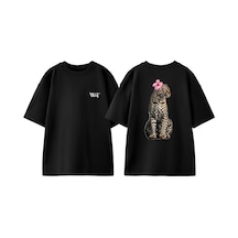 Thewert Leopar 6 Tasarım Sırt Baskılı Pamuk Siyah Oversize T-shirt