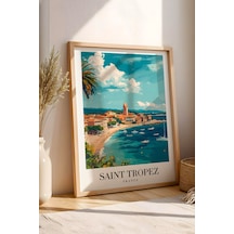 Saint Tropez France Vintage Seyahat Posteri Çerçeveli Tablo - Premium Akdeniz Sahil Duvar Dekoru Kayın
