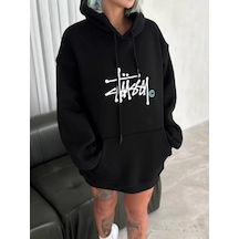 Üç İplik Kapşonlu Baskılı Sweatshirt - Siyah Siyah