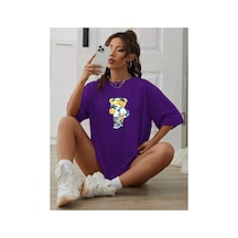 Medinenur Unisex Peluş Ayı Baskılı Bisiklet Yaka Tshirt Mor