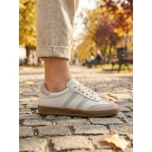 Potinonline 810 Kadın Hakiki Deri Süet Yanı Çizgili Sneaker Ayakkabı Bej