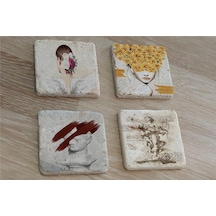 Tasarım Büst Heykel Ve Kadın Figürler Doğal Taş Bardak Altlığı 4'lü Set - Natural Stone Coasters - Taş Beyaz
