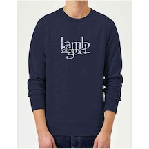 Lamb Of God Baskılı Indigo Mavi Lacivert Erkek Örme Sweatshirt (528628024)