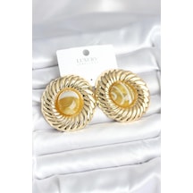 Pirinç Gold Renk Kehribar Boncuklu Vintage Kadın Küpe - Çok Renkli