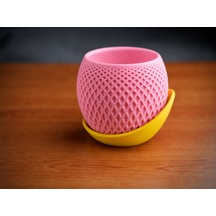 3d Baskı Küre Saksı - Kafes Dokulu İki Parçalı Dekoratif Saksı - Pembe-sarı Çok Renkli