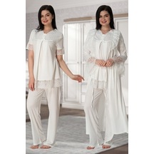 Kaktüslohusa Kadın Ekru Uzun Sabahlıklı Kolları Güpürlü Lohusa Hamile Sabahlık Pijama Takımı Set Ekru