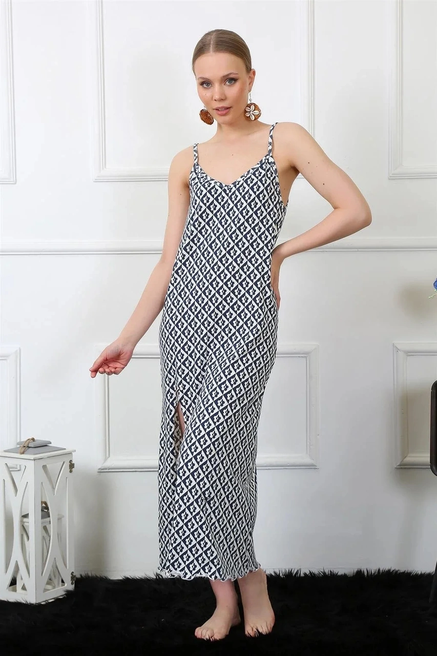 Moda Kadın İp Askılı Uzun Gecelik Lacivert Lacivert