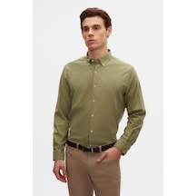 D'S Damat Ds Damat Comfort Yeşil Düğmeli Yaka Rahat Kesim Keten Görünümlü %100 Pamuk Gömlek 2hc02ort64265 Yeşil
