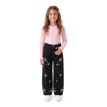 Onloox Kız Çocuk Siyah Kız Çocuk Siyah Pamuklu Denim Geniş Paça Regular Kesim Taşlı Yıldız Aksesuarlı Pantolon 6-9 Yaş