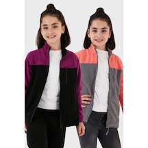 Lela Yumuşak Dokulu Fermuarlı Renk Bloklu Dik Yaka Cepli 2'Li Paket Hırka Çocuk Polar 5905001S2 Mor Siyah-Somon Gri