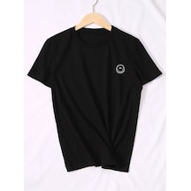 Unisex Siyah Oversize Gülen Yüz Emoji Baskılı Örme T-shirt Siyah-56656