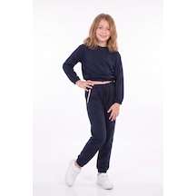 Panios Kids Kız Çocuk Yuvarlak Yakalı Cep Biye Detaylı Düz Baskısız Paça Lastikli Alt Üst Eşofman Takımı Lacivert