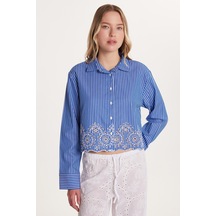 Tudors Kadın Slim Fit Dar Kesim Desenli Uzun Kollu Klasik Yaka Gömlek-34313 Koyu Mavi-ekru