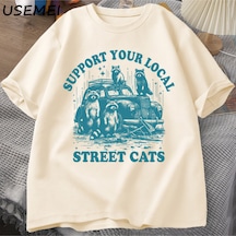 Flood Of Style Destek Yerel Sokak Kedi T-shirt Komik Rakun Sevgilisi Karikatür T Shirt Yaz Pamuk Kısa Kollu Haki