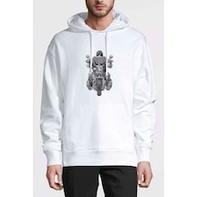 Motorcu Motorsiklet Baskılı Beyaz Erkek Kapşonlu Sweatshirt