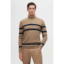 D's Damat Regular Fit Camel Çizgili Tüylenme Yapmayan Tam Balıkçı Yaka Erkek Triko Kazak 3HC0618ORTCKZK - Camel