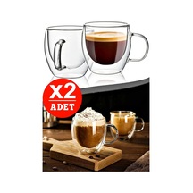 Çift Camlı Çift Cidarlı Cam Kupa 250 Ml Ev Ofis Fincanı Çift Katlı Isı Yalıtımlı Kulplu Cam Bardak