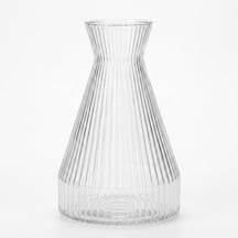 Pure Model Şeffaf Cam Vazo - Optikli Çizgili Dokulu, Modern Dekoratif Çiçeklik Ve Masa Üstü Vazo 22x15 Cm