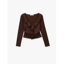 Koton Fırfır Detaylı Uzun Kollu Slim Fit V Yaka Tişört Kahverengi 6wal10543ık Kahve
