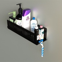 Modern Banyo Duş Rafı, Metal, 37x10 Cm, Siyah, Şampuan Ve Diş Fırçası Tutuculu Siyah