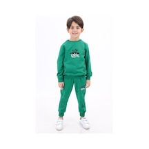 Toontoy Kids Toontoy Erkek Çocuk 2'li Takım Baskılı Bisiklet Yaka Sweatshirt & Beli Paçası Lastikli Jogger Eşofman Altı - Biye Detaylı 2 İplik Koyu Yeşil