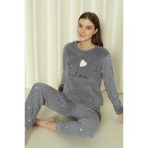 Wordex Fawn 04-3309 Peluş Welsoft Polar Kışlık Yumoş Kalpli Kedili Kadın Pijama Takımı Gri