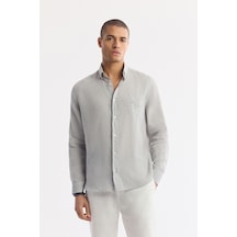 Avva Erkek Gri Alttan Britli Yaka Nakışlı %100 Keten Comfort Fit Gömlek A51y2145