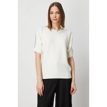 On Fashion Kadın Yakası Ve Kolları Taşlı Ekru Yarım Kol Kazak 65421 Ekru