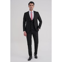 Efor Slim Fit Mono Yaka Çift Yırtmaç Armürlü Esnek Yünlü Siyah Yelekli Klasik Takım Elbise Tk 933 Siyah