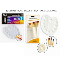 10 Lu Uzun Sap Fırça & 6 Lı Akrilik Boya & Palet & Fırça Temizeyi