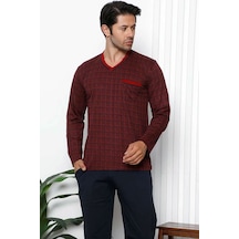 Alimer Erkek Bordo Ekoseli Desen V Yaka Cepli Erkek Pijama Takım EDY1178 Bordo