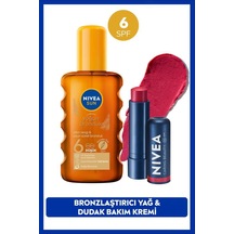 Sun Spf6 Bronzlaştırıcı Güneş Yağı 200ml Ve Kırmızı Renkli Nemlendirici Dudak Bakım Kremi