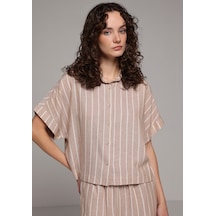 Colin's Colins Fashion Fit Shirt Neck Çizgili Kadın Açik Kahverengi Kısa Kol Gömlek Cl1080406 Q1.v2 Lbr