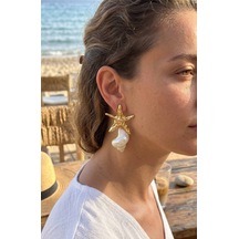 Doğal Deniz Kabuğu Ve Gold Renk Yıldız Model Kadın Küpe - Lisinya Altın