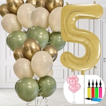 5 Yaş Balon Standlı Ve Pompalı Retro Küf Yeşili Krom Gold Kum Beji Balon Seti Gold Rakam Süsleme Çok Renkli
