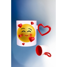 Kalp Emoji Baskılı Kalpli Kırmızı Kupa Bardak Çay Kahve Fincanı Beyaz