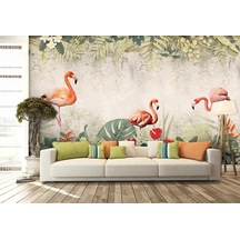 Tropikal Yapraklar Ve Flamingolar Desenli Duvar Kağıdı (397445944)