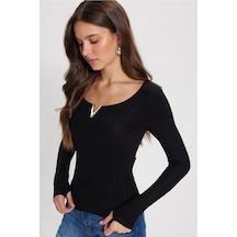 Tudors Kadın Slim Fit Dar Kesim Pamuklu Uzun Kollu V Yaka Siyah Tişört Bluz-50782