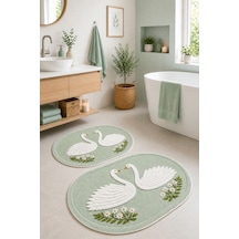 Buççin Online Mağaza Kalın Dijital Kaymaz Yıkanabilir Kuğu Desenli İkili Yeşil Oval Banyo Paspası Banyo Halısı Banyo Deko Çok Renkli