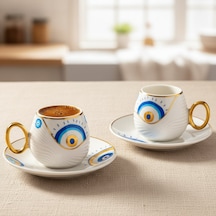 Evil Eye Nazar Boncuğu Desenli 6 Kişilik Porselen Kahve Fincan Takımı Beyaz