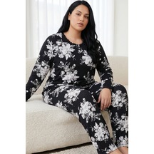 Siyah İnci Düğmeli Pamuklu Likralı Büyük Beden Battal Boy Örme Pijama Takım 26240930 Çok Renkli