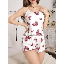 Kadın Beyaz Kalp Desenli Şortlu Gecelik Pijama Takımı 5052 Beyaz